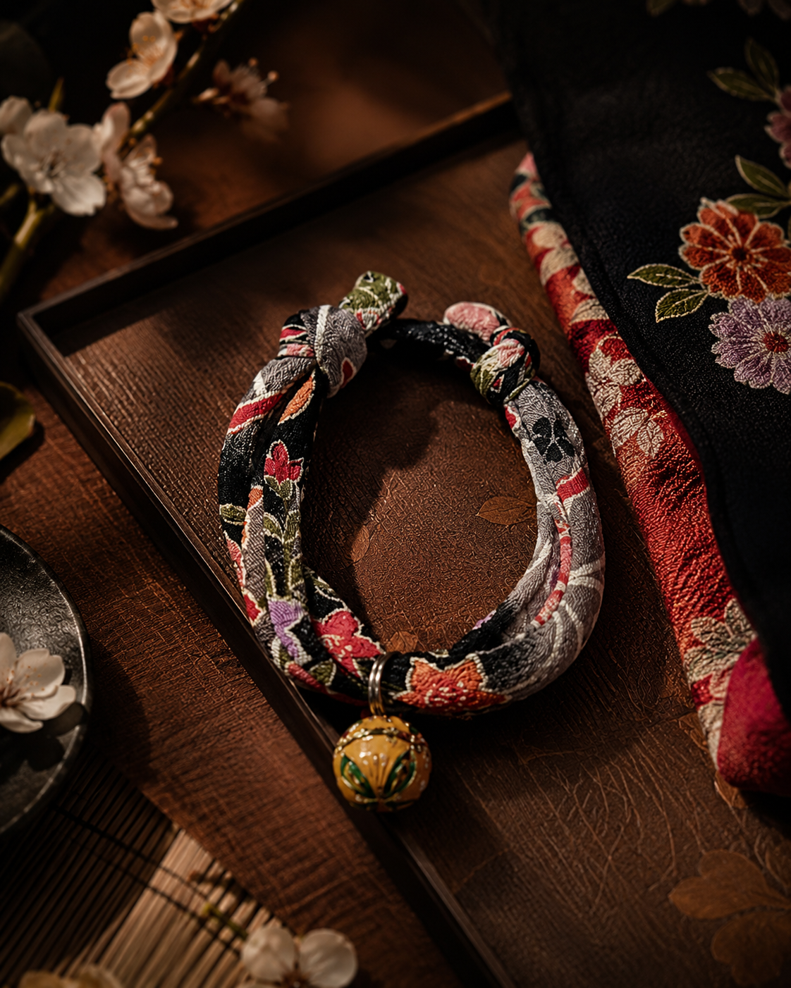 Japanese Kimono Cat Collar with Bell | Handmade Floral Cat Necklace | Japan Neko Kubi-wa