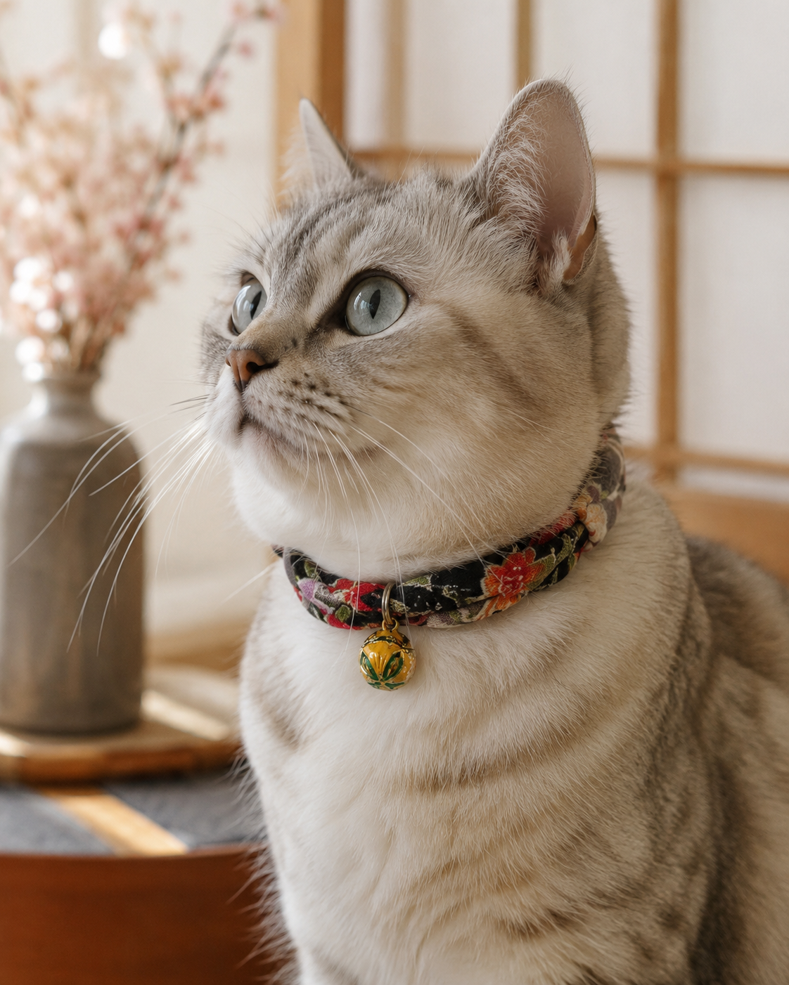 Japanese Kimono Cat Collar with Bell | Handmade Floral Cat Necklace | Japan Neko Kubi-wa