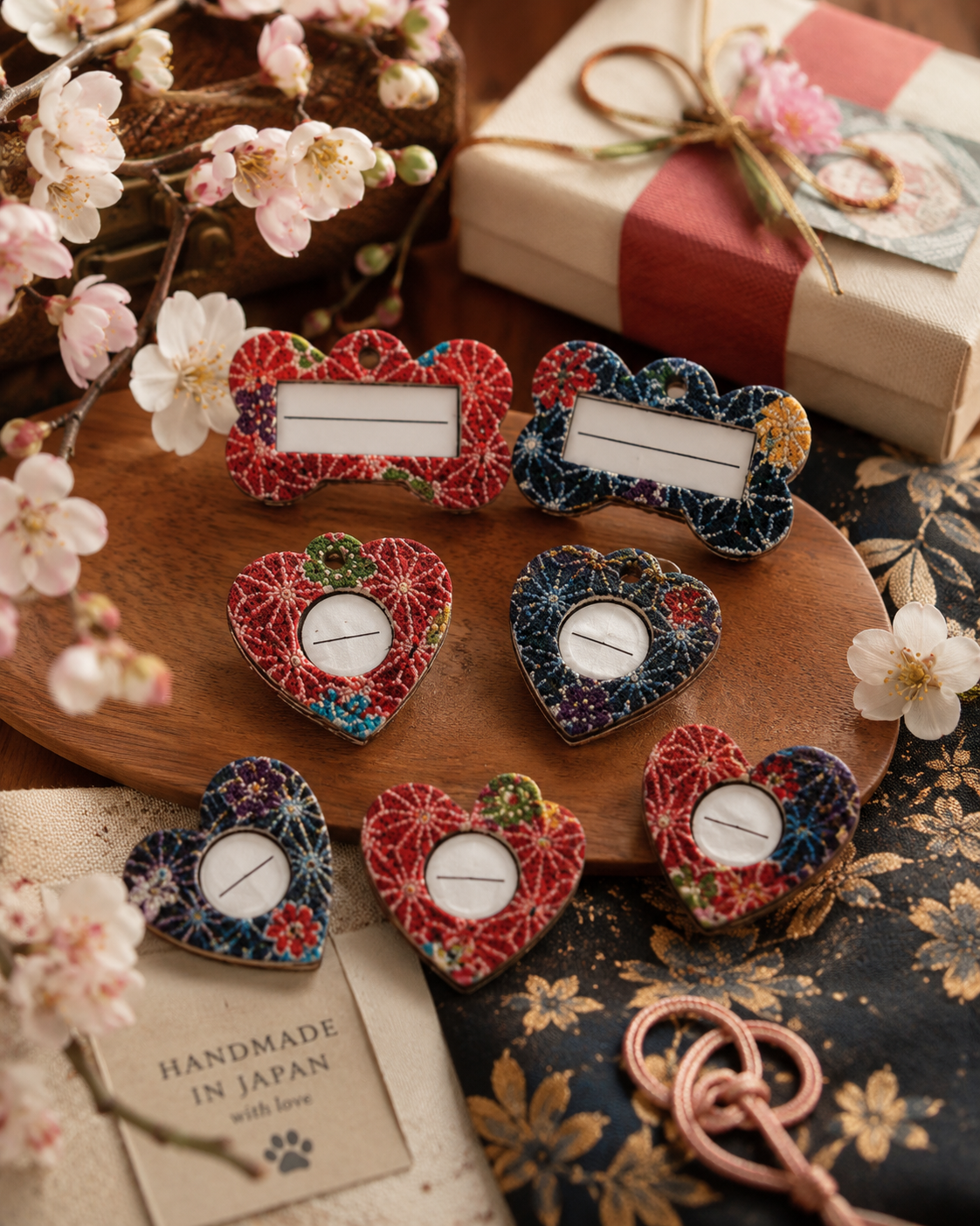 Japanese Yuzen Embroidery Pet ID Tag | Handmade Washi Pattern Name Tag for Dogs & Cats | Japan Pet Charm