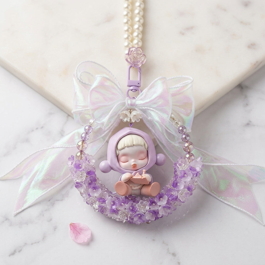 "Lavender Dreamer" - Handmade Kawaii Moon Figurine Bag Charm